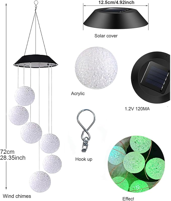 Solar Wind Chime for Outside,Hanging Wind Chimes for Outside,Solar Powered Color Changing Crystal Ball WindChimes,Patio Yard Outdoor Garden Porch Decor,Unique Ourdoor Gifts for Mom Grandma