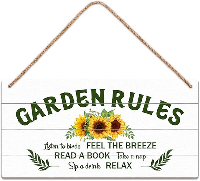 SCAZOMV Garden Sign Decor, Garden Rules Listen To Birds Feel The Breeze Read A Book Take A Nap Sip A Drink Relax, Outdoor Decorative For Garden Farmhouse, Wooden Hanging Plaque 5"X 10"