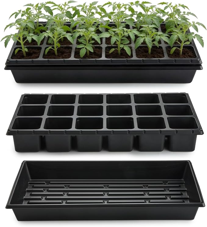 10 Pack 3 Inch Square Pots 2.9" Deep 18 Big Cell Seedling Trays with 10 Pack Water Collection Nursery 1020 Trays No Holes for Seeds Starting and Transplanting (20"x10",10 Sets)