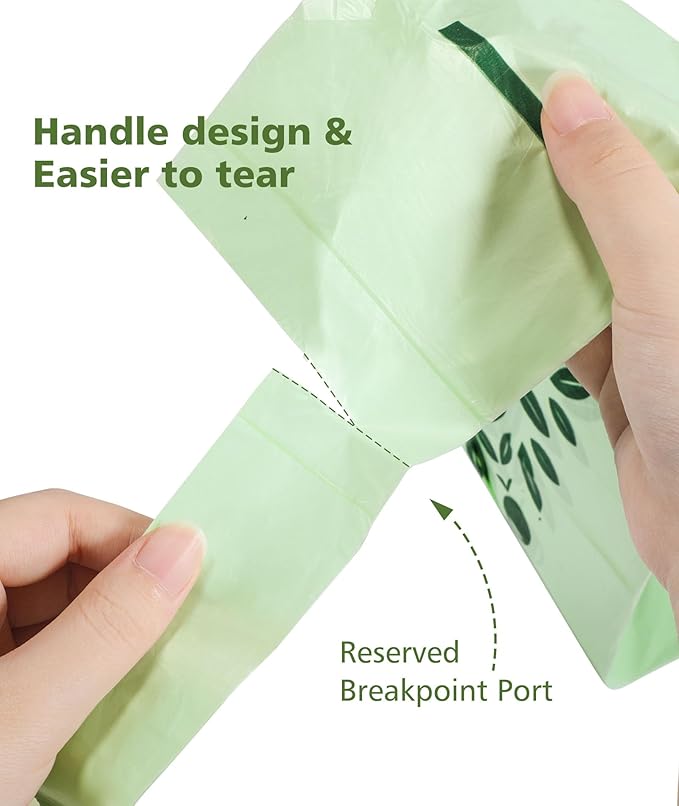 6-8 Gallon kitchen Trash Bags With Handle Tie 60 Packs, AYOTEE Medium TrashBags 8 Gallon Compost Bag 30L For Kitchen Trash Cans, Certified By ASTM D 6866 Unscented Bag for Compost Bin Green