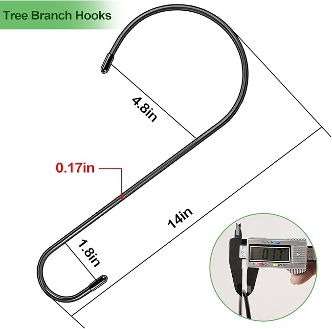 4 Pack 14 Inch Tree Branch Hooks, Extra Large S Hooks for Bird Feeder, Heavy Duty Long S Hook for Hanging Plants, Basket, Lanterns, Patio,Indoor Outdoor Uses(Black)