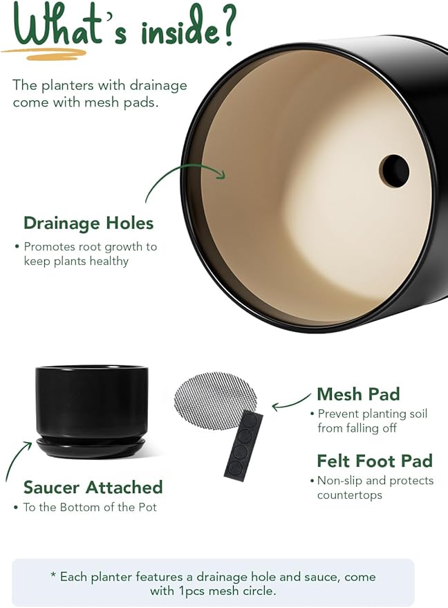 LE TAUCI Ceramic Pots for Plants, Set of 2, 10 + 12 Inch Plant Pot with Drainage Hole and Saucer, Durable & Stylish Planters for Indoor Plants, Elevate Your Home’s Aesthetic, Black