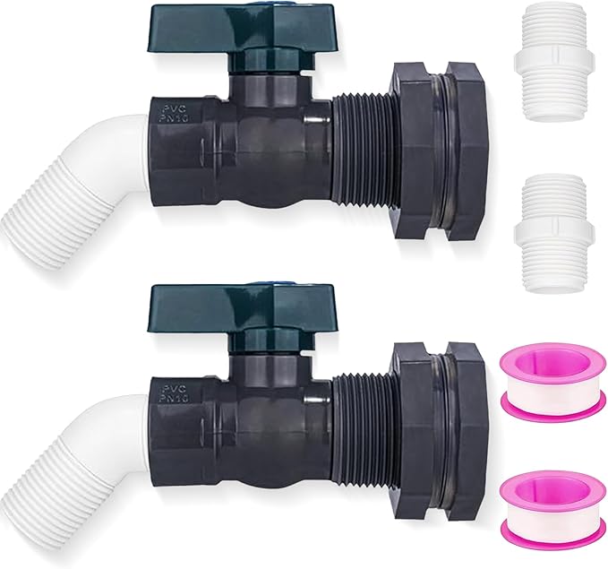 2 Pack PVC Rain Barrel 45°Elbow Spigot Kit, 3/4 Inch Rain Barrel Valve with Bulkhead Connector and Hose Adapter, Garden Faucet Kit for Water Tanks, Aquariums, Pools, Garden Barrels