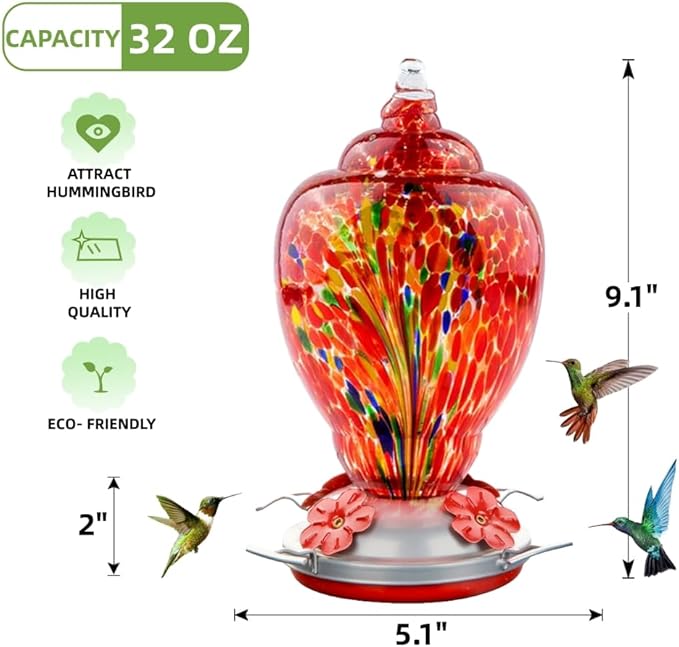 WOSIBO Hummingbird Feeder for Outdoors Patio Large 32 Ounces Colorful Hand Blown Glass Hummingbird Feeder with Ant Moat Hanging Hook, Rope, Brush and Service Card (RED-Firework)