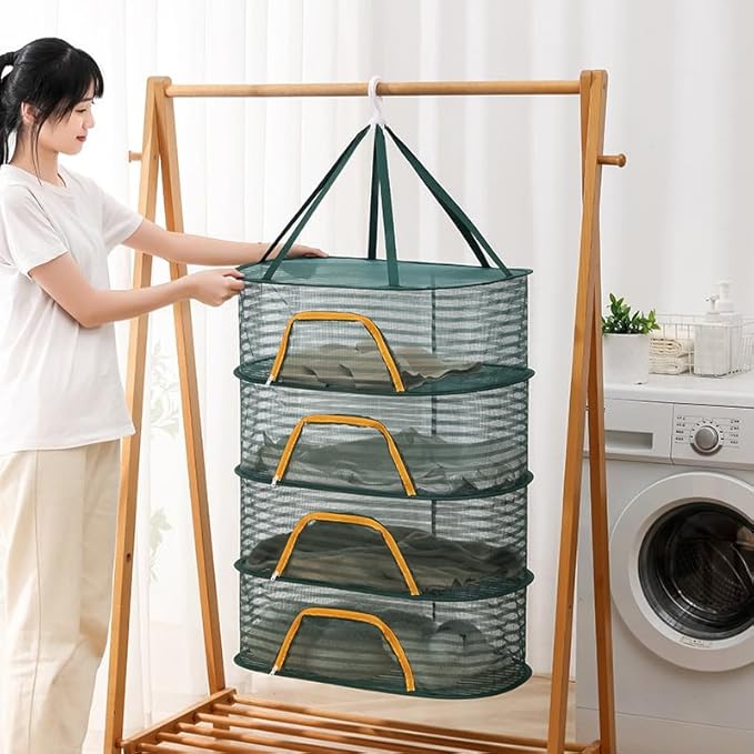 WALLBIG 2Pack Foldable Mesh Drying Rack, 4Layer Zipper Hanging Rack for Herbs, Indoor/Outdoor (Green)