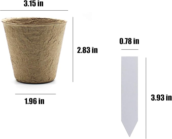 QPEY Seed Starter Peat Pots, 200 Packs 3 inch, Biodegradable Plant Labels, for Seedlings, Indoor Outdoor Usage, Brown