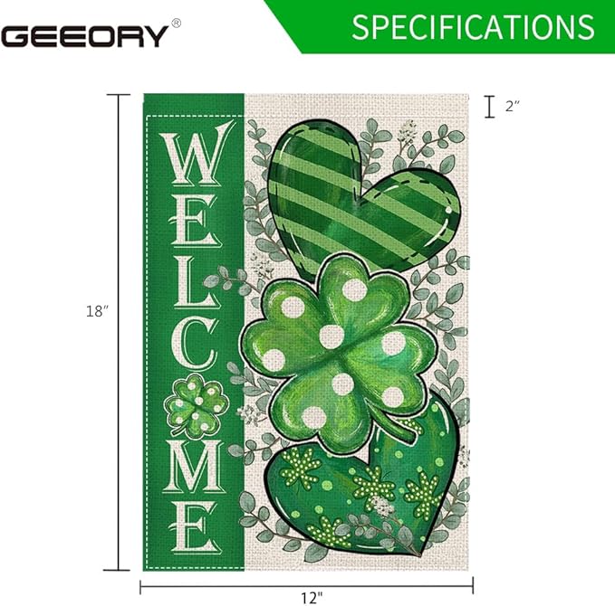GEEORY St Patricks Day Garden Flag 12.5 x 18 Inch, Shamrock Hearts Welcome Double Sided Decorative Flag For Outside Yard Lawn Decoration GB009-12