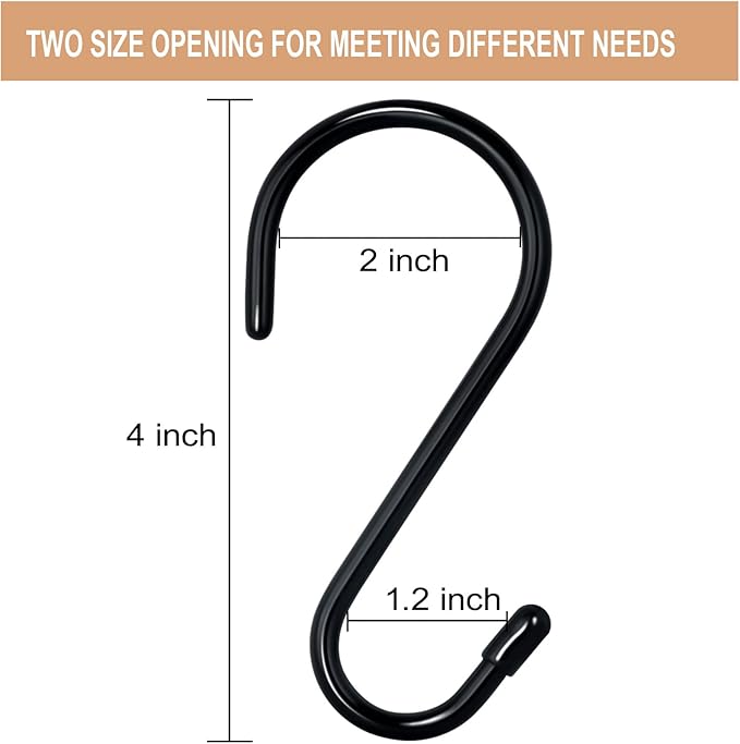 4 Inch 12 Pack S Hooks - Heavy Duty, Large Rubber Coated Black Non Slip Metal Hooks for Closet, Garden, Jeans, Plants, Jewelry, Pot, Pan, Cups, Towels