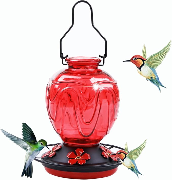 2 Pack Glass Hummingbird Feeder for Outdoors Hanging, 24Ozs Humming Bird Nectar Feeder w/Perch, 5 Flower Feeding Ports, Leak Proof Base and Hook for Outside Garden Backyard Decor, Red