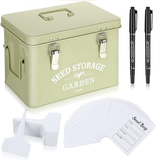 Maitys Seed Storage Container Box with Lid Garden Seed Packet Storage Organizer Decorative with Dividers and 100 Plant Labels 50 Seeding Envelopes 2 Marker Pens(Classic,8.7 x 5.9 x 6.3)