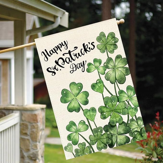 Happy St Patricks Day House Flag 28x40 Inch Double Sided Outside, Blossom Shamrock Outdoor Large Garden Yard Flag Green Lucky Clover Holiday Decoration