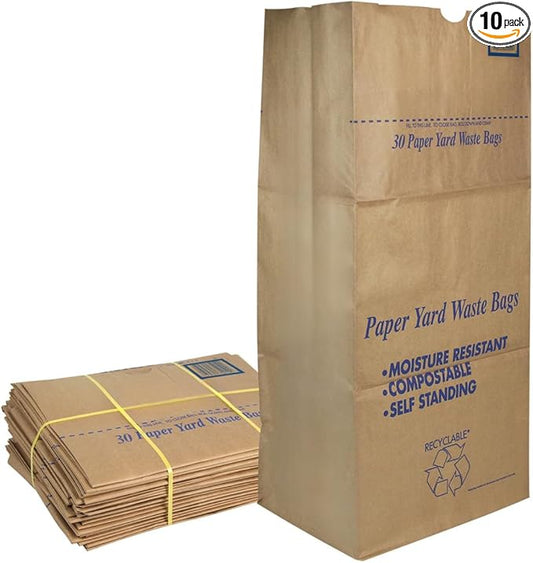 30 Gallon Lawn & Leaf 2-Ply Heavy-Duty Yard Waste Compost Refuse Paper Bags, Eco-Friendly, Tear Resistant, Self Standing, Biodegredable, Made in USA, 10 Count