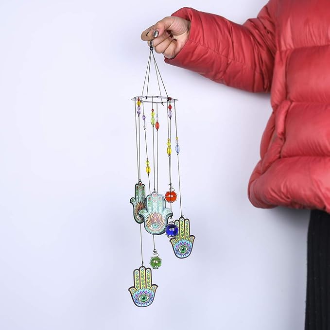 Wind Chimes Outdoor Decor, Metal Memorial Windchimes Hanging Decoration for Garden Home Yard and Christmas Tree,15'' Hamsa Hand Evil Eye Chakra Glass Beaded Design Christmas Decor