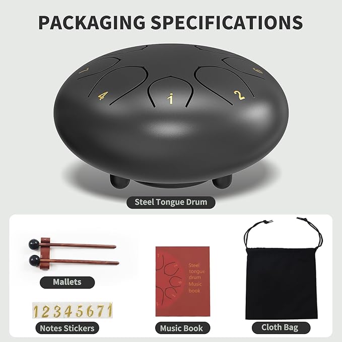 Rain Drum for Outside Garden, 6 Inches 8 Notes Steel Tongue Chakra Drums, Waterproof Echo Rain Chime Meditation Drums, Musical Instruments for Adult Gift with Bag, Music Book, Drum Mallets (Black)