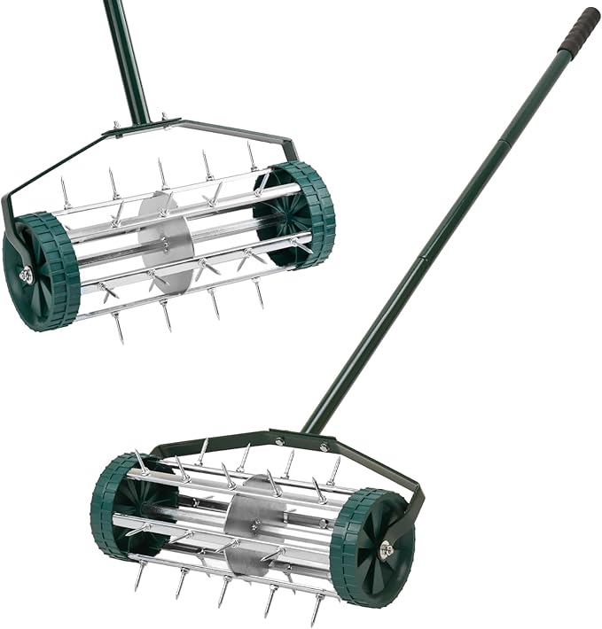 18-Inch Spike Rolling Lawn Aerator for Grass. Heavy Duty Manual Push Aerator Lawn Tool,Soil Health for Garden&Yard Tool(Green)