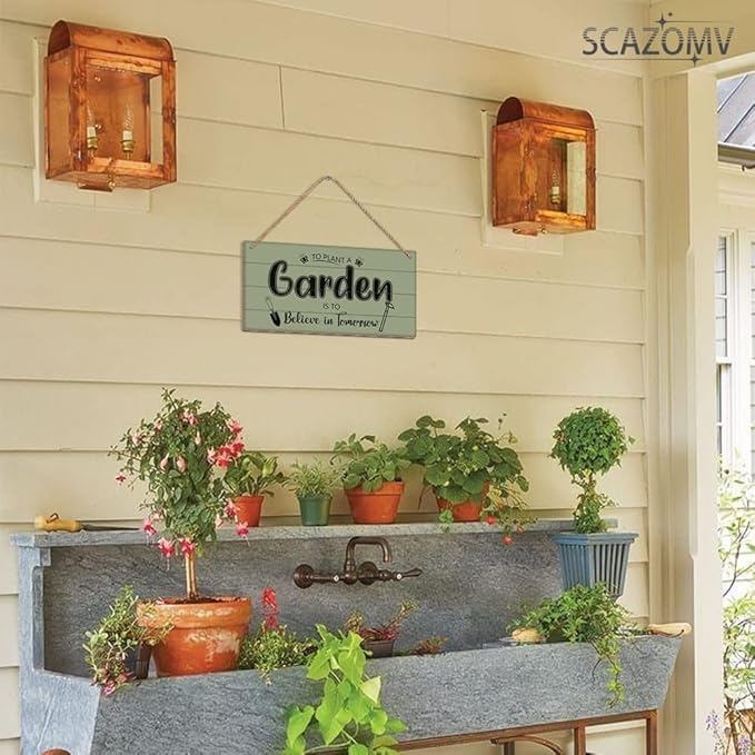 SCAZOMV Garden Sign Decor To Plant A Garden Is To Believe In Tomorrow Funny Outdoor Decorative For Garden Patio Farmhouse Potting Shed She Shed Personalized Wooden Hanging Plaque 5"X 10"