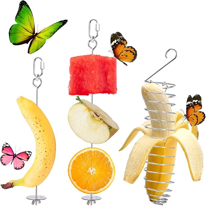 3 Pack Butterfly Banana Feeder, Stainless Steel Outdoor Banana Holder Hanging Butterfly Feeder for Garden Backyard Tree Banana Hammock Attracts Butterflies Bees Birds