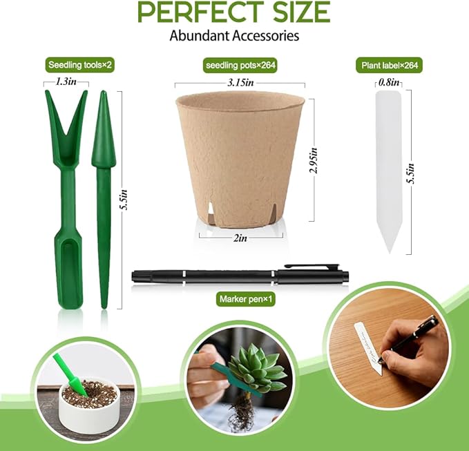 Peat Pots 264 Pcs 3.15 inch, Biodegradable Compostable Plant Seed Starter Pots Paper Potting Cups for Seedlings Planting Seeds, Thickened with Drainage Holes Includes Tools and 264 Plant Tags