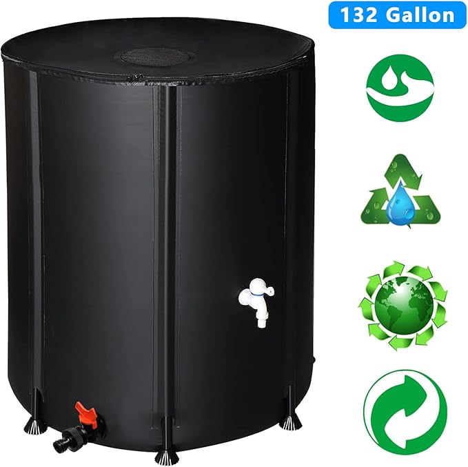 Outvita 132 Gallon Collapsible Rain Barrel, Garden Water Storage Tank, Portable Folding Rainwater Collector, Water Catcher with Filter Overflow Kit Faucet Black