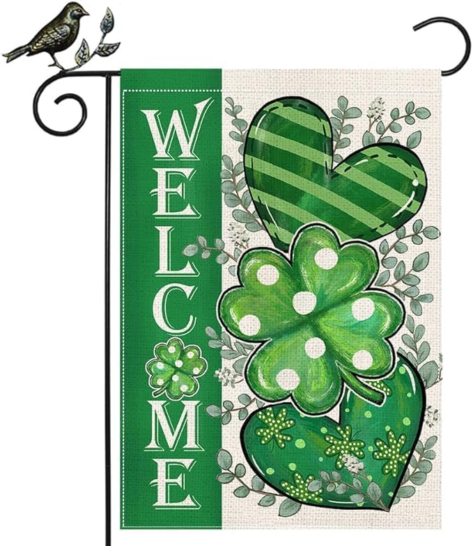 GEEORY St Patricks Day Garden Flag 12.5 x 18 Inch, Shamrock Hearts Welcome Double Sided Decorative Flag For Outside Yard Lawn Decoration GB009-12
