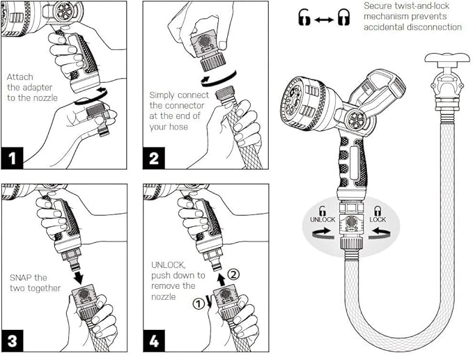 Eden 96806 Heavy-Duty Metal Fireman Hose Nozzle | 7 Spray Patterns, High-Pressure Garden Sprayer with Quick Connect Set & Bonus Washers