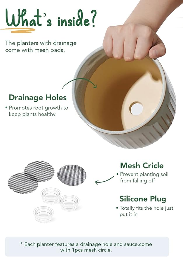 LE TAUCI Fluted Ceramic Pots for Plants, 8.3/7/6 Inch Indoor Planters with Drainage Holes & Mesh, Modern Glossy Glaze Cylinder Plant Pot for Snake Plant, Set of 3, Mist Gray