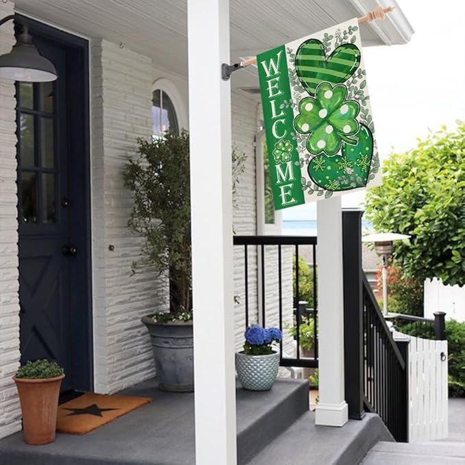GEEORY St Patricks Day House Flag 28 x 40 Inch, Shamrocks Eucalyptus Hearts Welcome Double Sided Decorative Flag for Outside Yard Lawn Decoration GB009-40