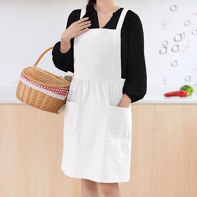 Cotton Linen Pinafore Apron Dress for Women with Pockets Cute Art Chef Aprons for Kitchen Baking Gardening Painting