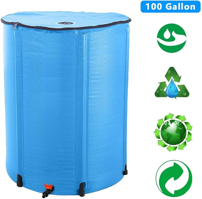Outvita 100 Gallon Collapsible Rain Barrel, Garden Water Storage Tank, Portable Folding Rainwater Collector, Water Catcher with Filter Overflow Kit Faucet Blue