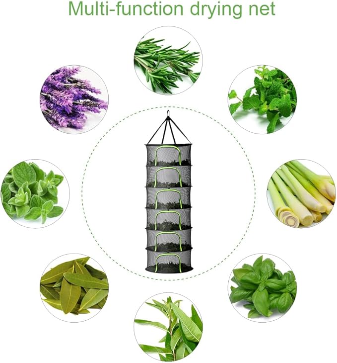 6 Layer Herb Drying Rack, Hanging Mesh Net, Foldable Plant Drying Rack with U-Shaped Double-Headed Zipper, Garden Shears & S Hooks, for Herbs, Plants, Fruits, Seafood, Clothing(23.62''W)