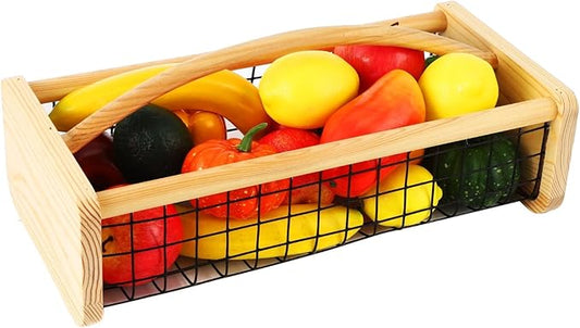 yeesport Metal Wire Garden Hod Harvest Basket with Wood Handle, 16.5 x 7.9 x 4.8 in, Large Capacity Fruit and Vegetable Storage Basket for Kitchen, Pantry, and Garden