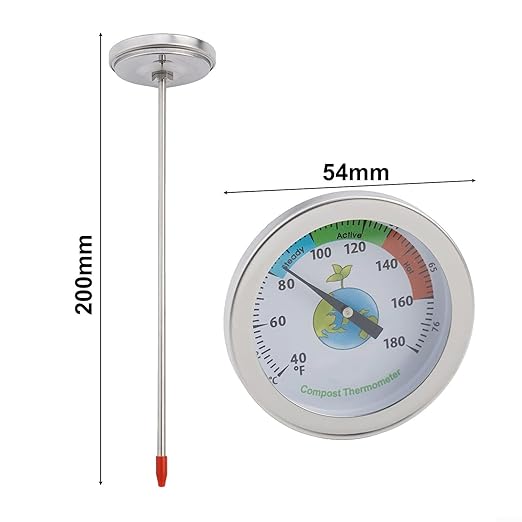 Stainless Steel Compost Soil Thermometer,with 200mm Probe for Garden Outdoor Plant Care Temperature Range 40°F-180°F(Earth)