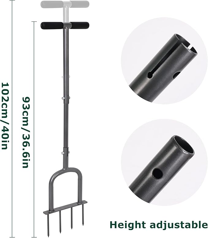 Manual Lawn Aerator for Compacted Soil Aerating - Height Adjustable Handheld Spike Aerator with 4 Steel Tines