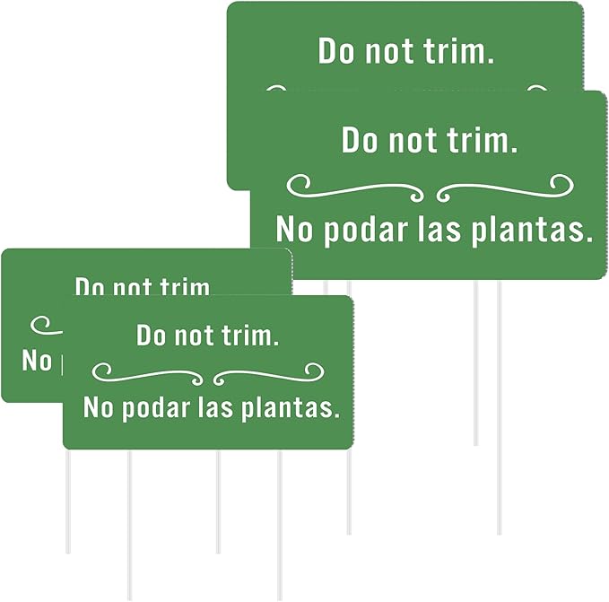Soaoo 4 Pcs Corrugated Plastic Do Not Trim Yard Signs with Stakes 6.2 x 3.3 Inch 9.2 x 4.9 Inch Plant Signs Bilingual Garden Markers for Outdoor Lawn(Green,Classic)