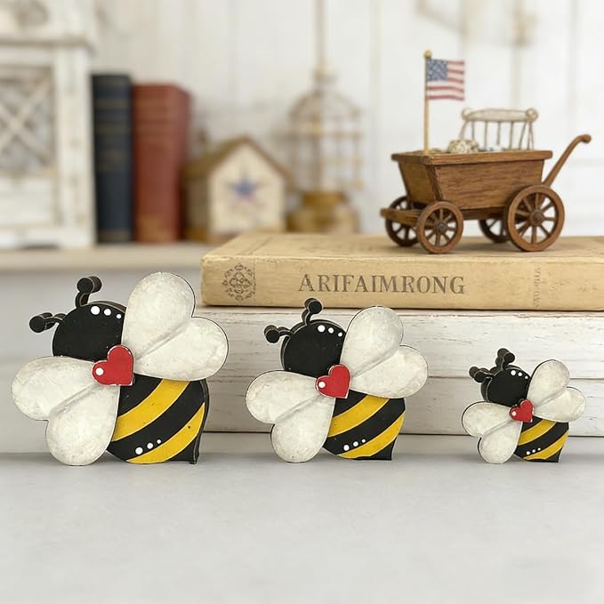 3PCS Honey Bee Decor Bee Decorations for Home Rustic Bumblebee Wooden Art Sign for Farmhouse Layered tray living Room Spring Summer Gift for Bee Farm Owners women