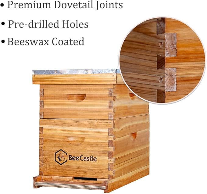 BeeCastle 8 Frame Langstroth Bee Hive Coated with Beeswax Includes Beehive Frames and Waxed Foundations (1 Deep Box & 1 Medium Box)
