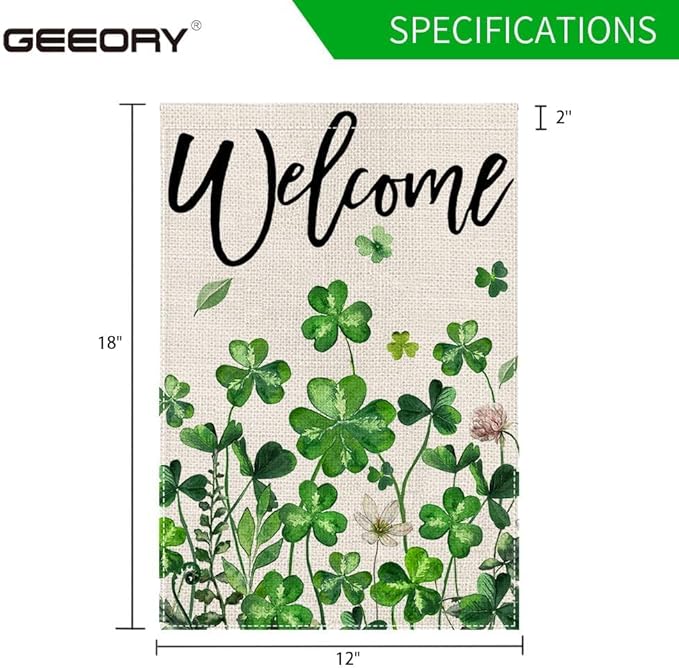 GEEORY St Patricks Day Shamrocks Garden Flag 12 x 18 Inch, Floral Clover Double Sided Decorative Flag For Outside Yard Lawn Outdoor Decoration
