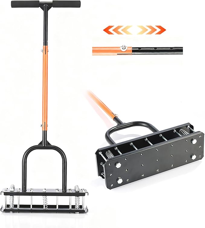Lawn Aerator Tool – Grass & Yard Aerator, 4 Adjustable Height Settings, Metal Construction with Ergonomic Handle and Spring-Assisted Design for Effortless Yard Care.