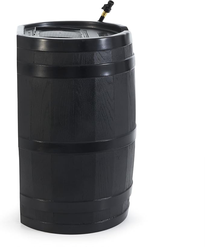 FCMP Outdoor 45 Gallon Heavy Duty Rain Water Catcher Barrel Container with Hose and Debris Screen for Outdoor Plants, Garden, and Landscapes (RC45-BLK) Black