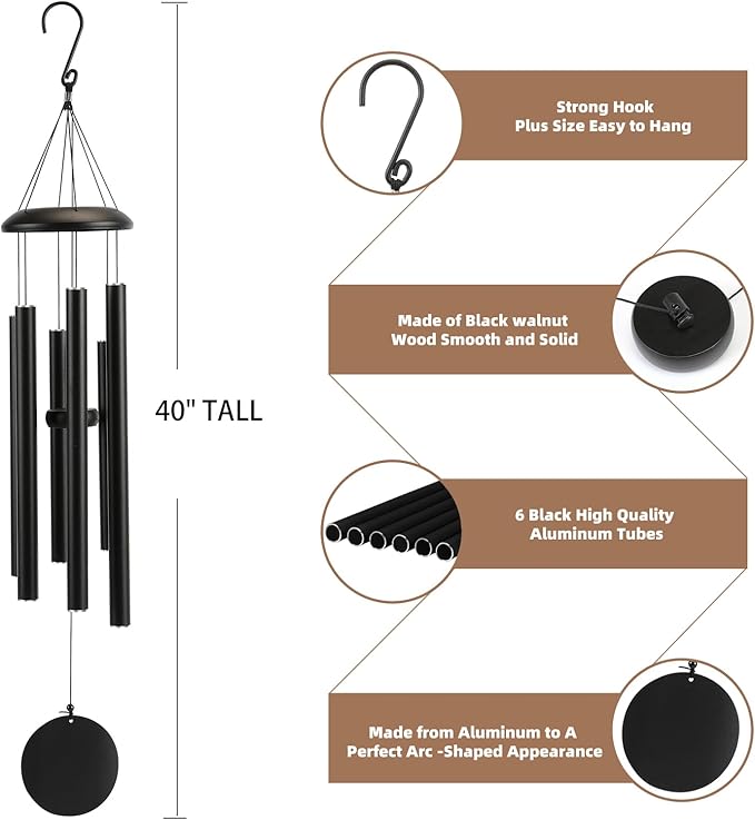Wind-Chimes-Outdoor-Large-Decor, Deep Tone Soothing Melodic Tones Windchimes, Wind Chimes for Outside, Memorial Wind Chime Best Gift for Mom Women Grandma Neighbors（40" Black）