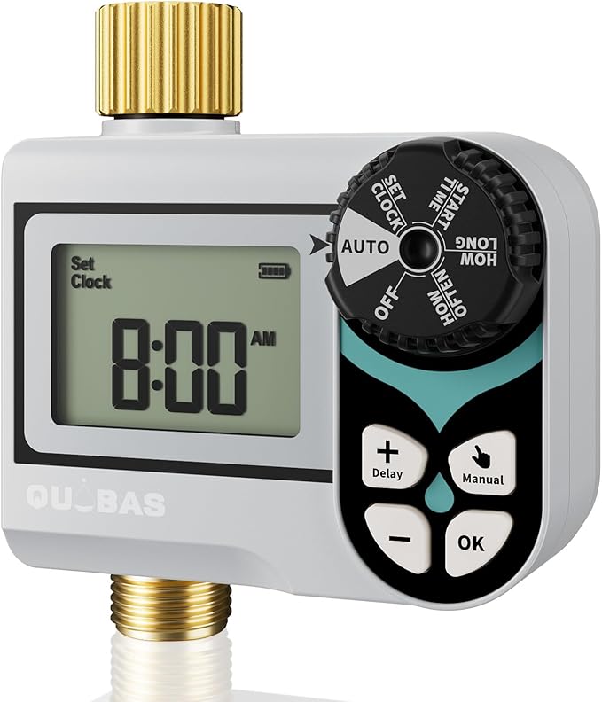 QUOBAS Ball Valve Sprinkler Timer, Programmable Water Timer for Garden Hose Faucet with Brass Ports, Rain Delay/Manual/Automatic Irrigation System, Zero Water Pressure Watering Compatible Rain Barrel