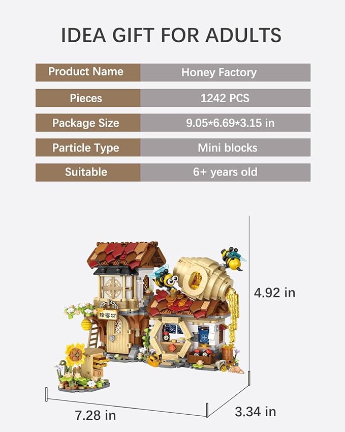 City Street View Honey Workshop Mini Building Blocks Set 1242 pcs, MOC Creative Bee Model Theme House, Simulation Architecture Toy, Gifts Idea for Kids Adults (1943)