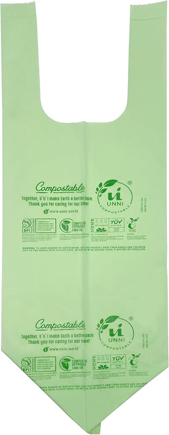 UNNI Compostable T-Shirt Bags with Tie Handles, 13 Gallon / 49.2 Liter, 60 Count - 2 rolls × 30, 0.87 mil Tall Kitchen Compost Liners, Certified by BPI, CMA & OK compost HOME, Meets ASTM D6400