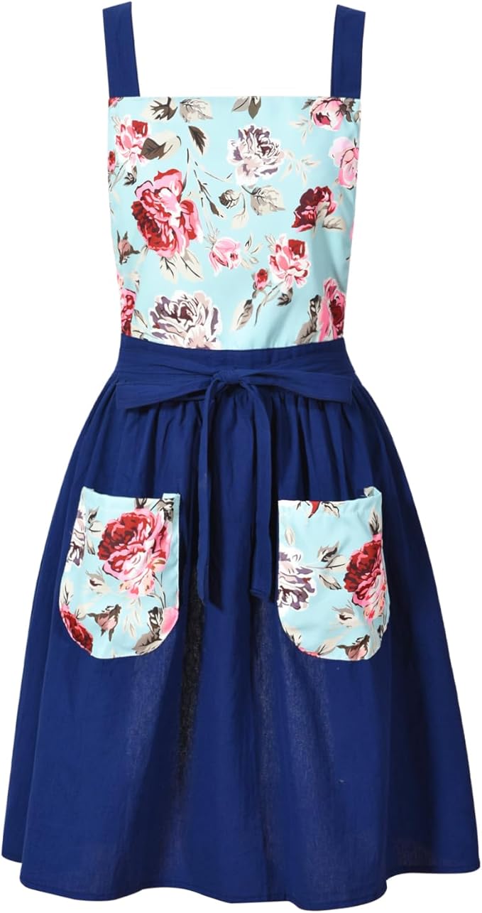 Vintage Pinafore Apron Dress for Women with Pockets Cute Floral Chef Aprons for Kitchen Cooking Baking Gardening