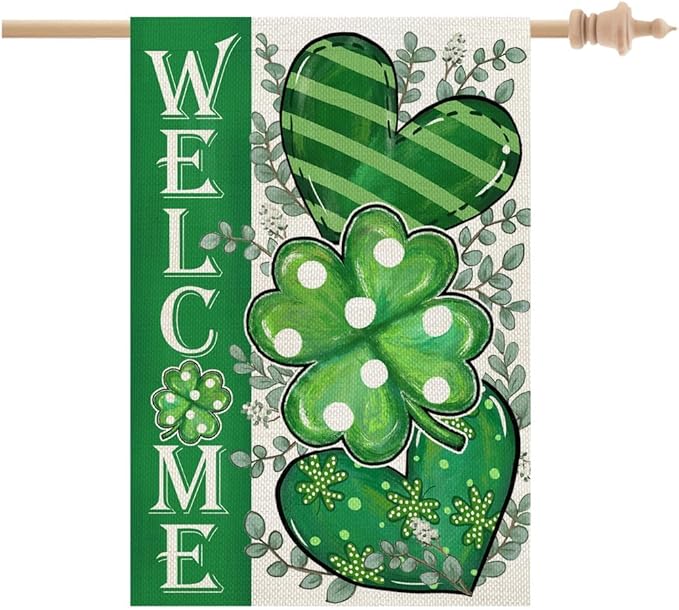 GEEORY St Patricks Day House Flag 28 x 40 Inch, Shamrocks Eucalyptus Hearts Welcome Double Sided Decorative Flag for Outside Yard Lawn Decoration GB009-40