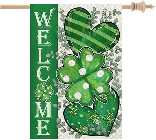 GEEORY St Patricks Day House Flag 28 x 40 Inch, Shamrocks Eucalyptus Hearts Welcome Double Sided Decorative Flag for Outside Yard Lawn Decoration GB009-40