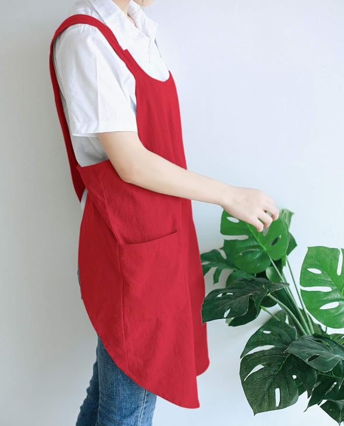 NEWGEM Japanese Cotton Linen Cross Back Cooking Apron for Women Men with Pockets Cute for Baking Kitchen
