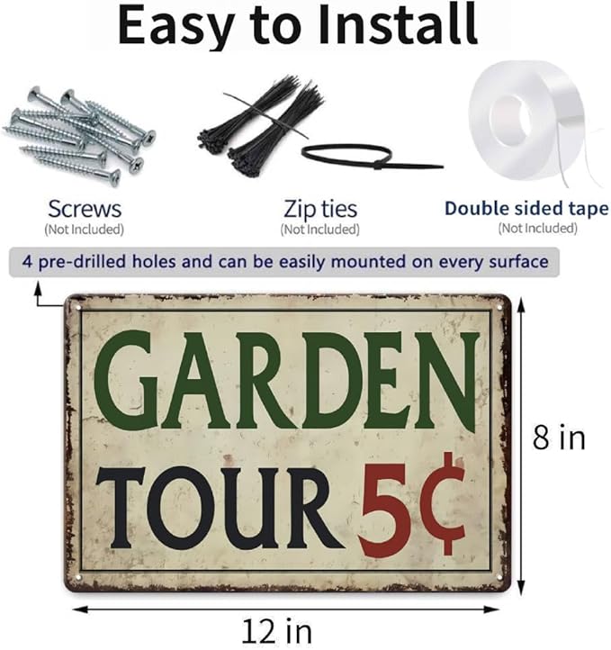 Garden Signs for Outside - Garden Tours 5 Cents, Vintage Metal Welcome Sign for Outdoor, Porch, Back Yard, Farmhouse, Patio Wall Decor Art, Gifts for Women, 12 x 8 inch