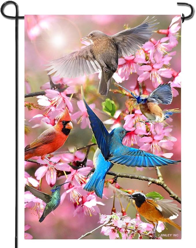 Anley Double Sided Premium Garden Flag, Spring Peach blossom Flower and Bird Welcome Decorative Garden Flags for Home Decor - Weather Resistant & Double Stitched Yard Flags - 18 x 12.5 Inch
