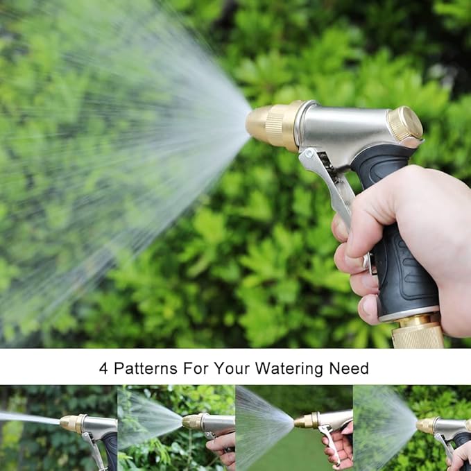 FANHAO Garden Hose Nozzle, 100% Heavy Duty Metal Spray Nozzle High Pressure Water Nozzle with 4 Patterns for Watering Garden, Washing Cars and Showering Pets - Full Brass Nozzle & Non-Slip Grip